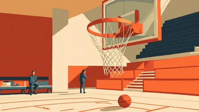 Vue de derrière un panier de basket dans une salle vide, un seul joueur sans visage est assis seul sur le banc après un match difficile.