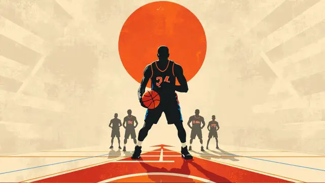 Central faceless basketball player wey dey hold ball, with forward arrow and four small teammate outlines, wey dey show say na clear starter.