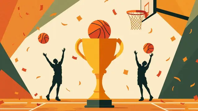 One central golden trophy wit basketball on top stand before new hoop and net, two faceless silhouettes dey raise balls for celebration on patterned background.