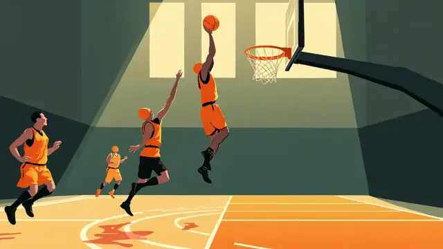 Three silhouetted basketball players on a lit court finishing a leaping alley-oop dunk under the hoop.
