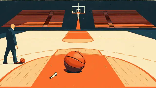 An indoor basketball arena viewed from above the baseline, empty wooden court with one hoop, a clipboard on the scorer's table, and a lone faceless coach on the sideline.