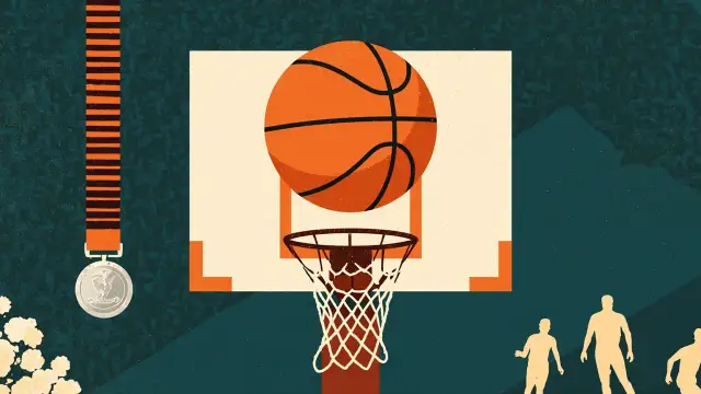 A basketball drops through a hoop beside a hanging medal, set against a patterned textile background suggesting an African athletic competition.