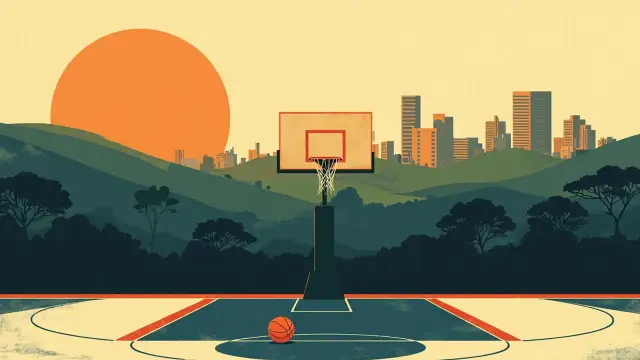 Stylised Nairobi hills and skyline for golden hour with basketball court for front, hoop wey stand against di city, and round basketball wey dey rise like sun.