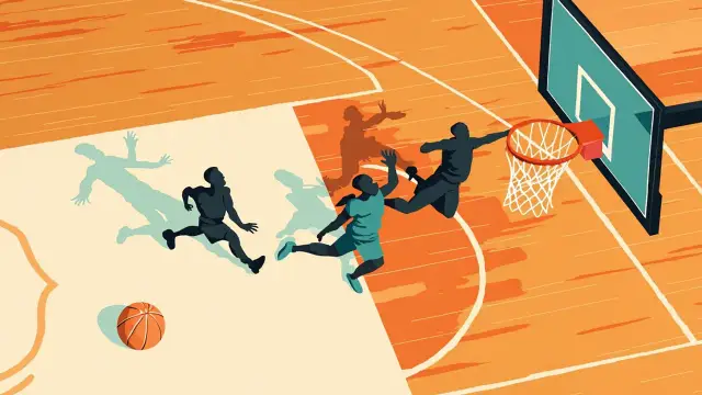 Three faceless silhouettes in teal kits play on a hardwood basketball court, one rising for a layup while another contests at the rim.