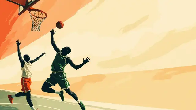 Two faceless players leap for a rebound under a hoop on a court, the ball suspended between their hands, capturing the intensity of basketball qualifiers.