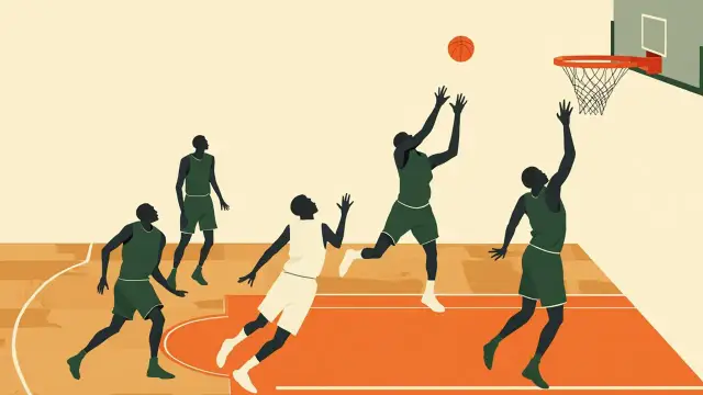 Silhouette bapa za wanawake waliovaa jezi za kijani na nyeupe na nyeusi zikishindana kwa mpira wa kuruka wenye uamuzi kwenye ua uliopangwa vizuri wakati wa ushindi wa kushtukiza wa mpira wa kikapu wa wanawake.