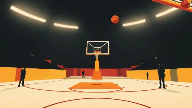 View from behind a basketball hoop looking down an empty indoor court where two faceless silhouettes practice passing with a single ball between them.