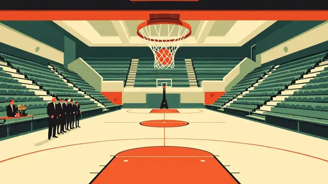 Indoor basketball arena wey dem see from under di hoop, with court lines wey lead toward di sideline where line of faceless suited figures dey stand for microphones on di scorer's table.
