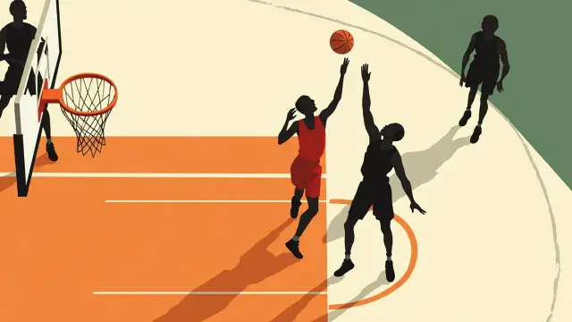 Un joueur de basket sans visage en rouge s'élève vers le panier pour un layup contesté face à deux défenseurs sans visage en noir sur un parquet intérieur.