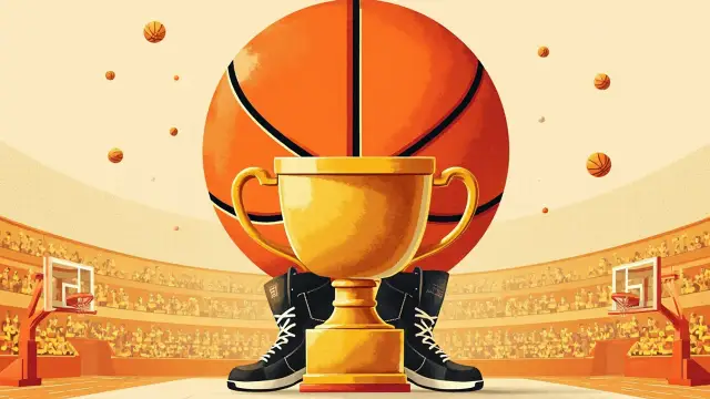 A flat-style emblem showing a large golden trophy with basketball seam lines, flanked by crossed sneakers, set against a stylized indoor arena with a hoop and patterned teal background.