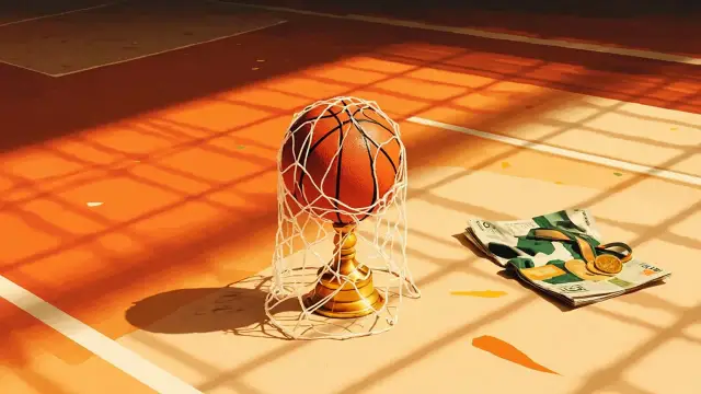 Une nature morte sur le parquet : un trophée doré à côté d'un ballon de basketball, une médaille, un maillot vert et blanc, un filet coupé sur un cercle et des enveloppes vierges.