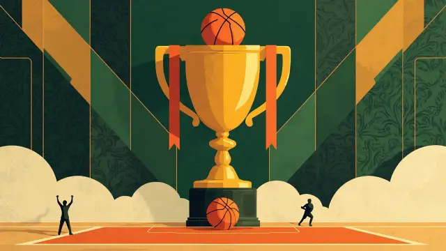 Golden championship trophy wey get basketball ontop, two flat silhouettes dey stand beside am with hands high for air, against green and gold geometric patterned background, with one basketball for the base.