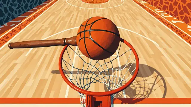 A gavel, basketball and folded jersey on a scorer's table beneath a hoop, with two silhouetted figures facing each other on a court.
