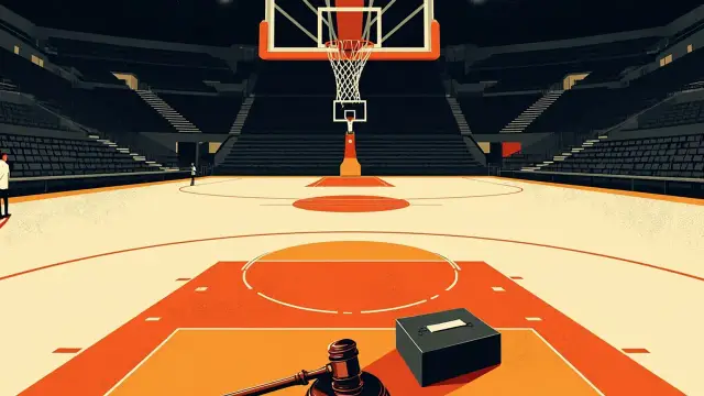 Salle intérieure vide vue depuis sous le panier, un marteau de commissaire-priseur et une urne sur la table des marqueurs à côté d'un ballon de basketball, évoquant une élection fédérale.