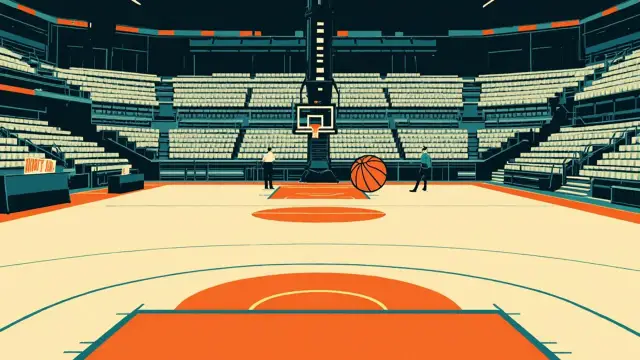 Salle de basketball intérieure vue depuis la ligne de fond, avec un marteau de juge et des bulletins de vote sur la table du marqueur, évoquant une élection fédérale.