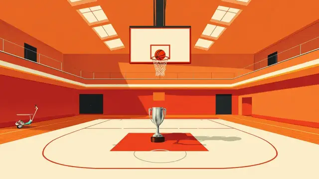 Indoor basketball arena seen from beneath the hoop, with a single ball falling through the net and a silver trophy resting on the scorer's table at centre court.