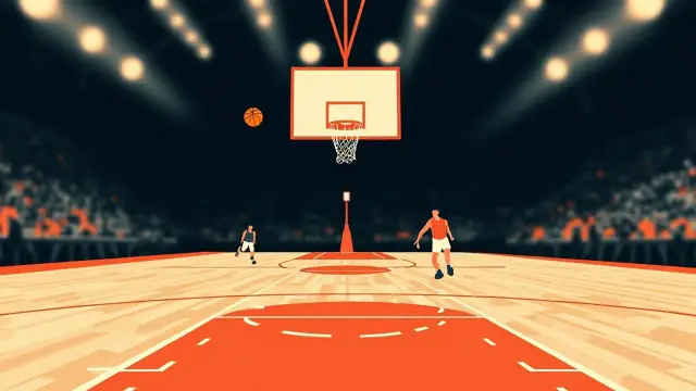 Vue en contre-plongée depuis sous un panier de basket à l'intérieur d'un gymnase bondé, deux joueurs sans visage bondissant vers le cercle avec un ballon, les lignes du terrain s'éloignant derrière eux.