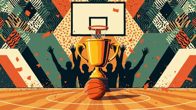 Golden championship trophy for basketball court with confetti, three celebrating silhouettes, one hoop above, and patterned textile backdrop for green, white, red, and black.