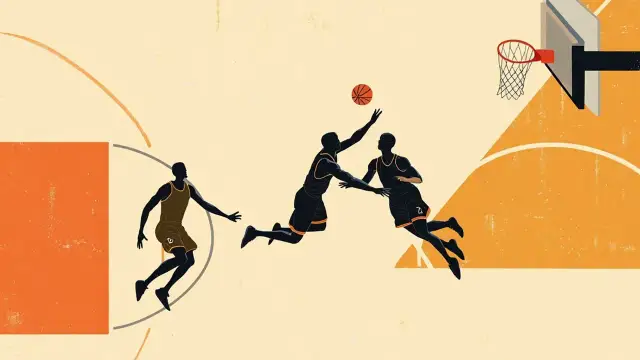Two faceless silhouettes duel for hardwood court: one rise for clutch jump shot over defender while two others cut toward hoop with single ball mid-air.