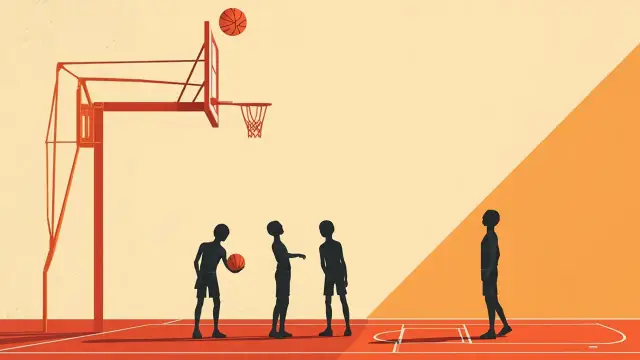 Flat silhouettes run a free-throw drill on an indoor basketball court, one player releasing the ball toward a lit hoop.