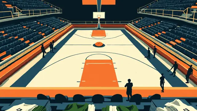 Empty indoor basketball arena with a centered ball, court lines, a bench stacked with green and white jerseys, and a faceless coach silhouette at the scorer's table.
