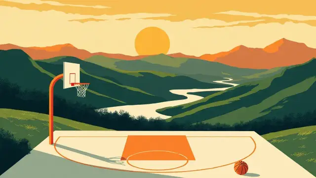 Paysage stylisé au crépuscule avec un nouveau terrain de basket en plein air aménagé dans des collines verdoyantes au bord d'une rivière, un panier et son filet à une extrémité et un ballon de basket sur le terrain.