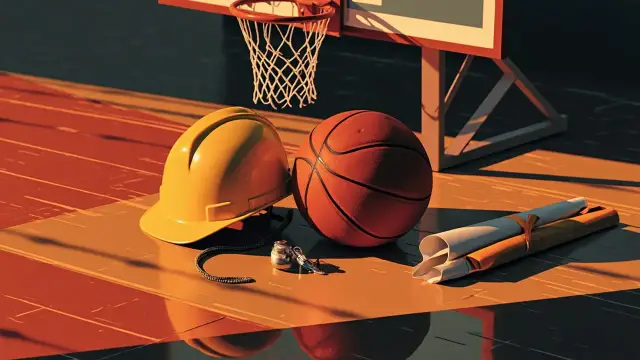 A still life of a basketball, yellow hard hat, silver whistle and rolled architectural plan on a wooden floor beside a new hoop and net.
