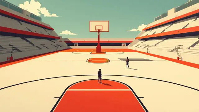 An outdoor basketball court with a standard hoop and several 3x3 half-courts, one silhouette standing at the centre looking up.