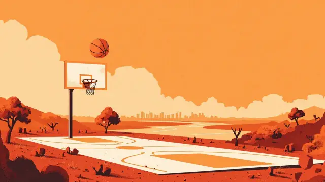 Un paysage africain stylisé avec un tout nouveau terrain de basket extérieur au premier plan, un panier et son filet à l'extrémité opposée, et une skyline urbaine au bord d'un fleuve à l'horizon sous un ciel ocre.