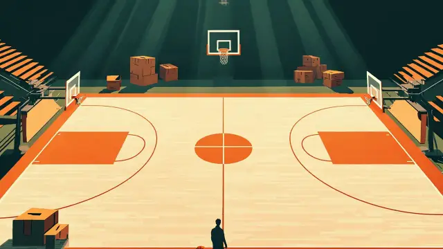 Un gymnase intérieur de basketball vide vu depuis les tribunes, où l'on aperçoit la silhouette d'un entraîneur debout près de cartons de déménagement empilés et un panier abaissé au fond.
