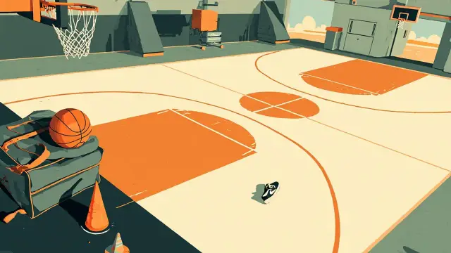 Terrain de basketball vide vu du ciel avec un sac plein, un survêtement plié et une basket oubliée, porte ouverte sur un horizon désertique.