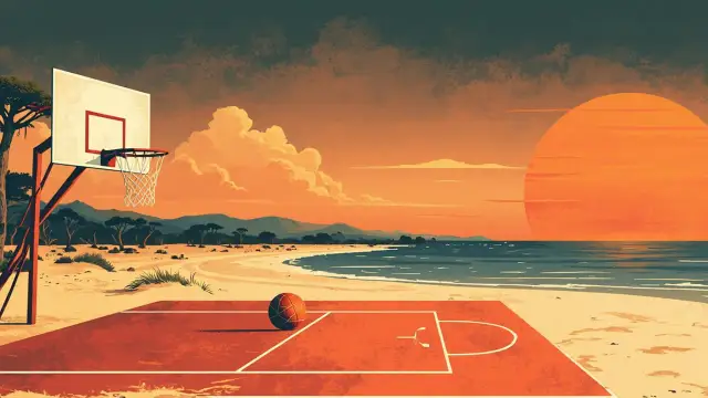 An empty outdoor basketball court on a dusk African coastline with a basketball-shaped sun, a sagging net, and a deflated ball, symbolising a closed training academy.