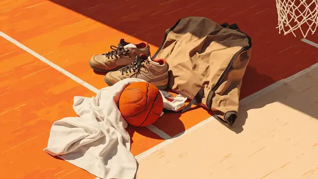 Une nature morte sur un parquet en bois : un ballon de basket solitaire avec une serviette, des sneakers, un sac de kit et un filet de panier détendu, évoquant une académie fermée.
