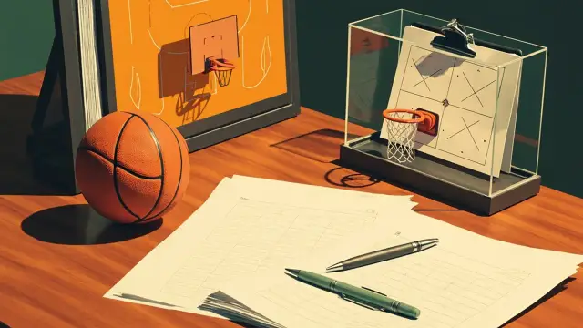 A close-up still life on a wooden table: a basketball leaning against a rolled contract sealed with wax, a folder with a globe emblem and a small key.