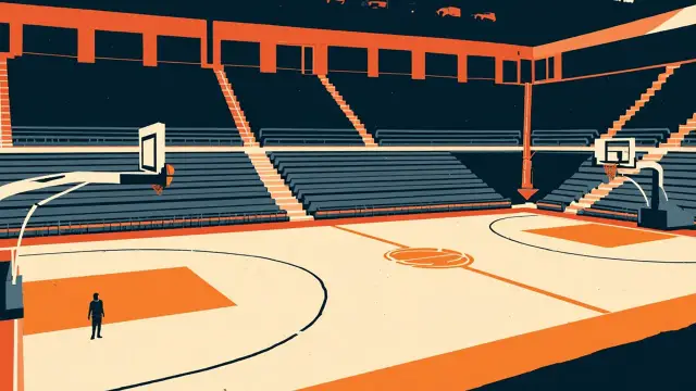 Empty indoor basketball arena viewed from high stands, court marked with ten solid rectangles for permanent franchise slots, a half-drawn blueprint court extension, and a clipboard on the scorer's tab