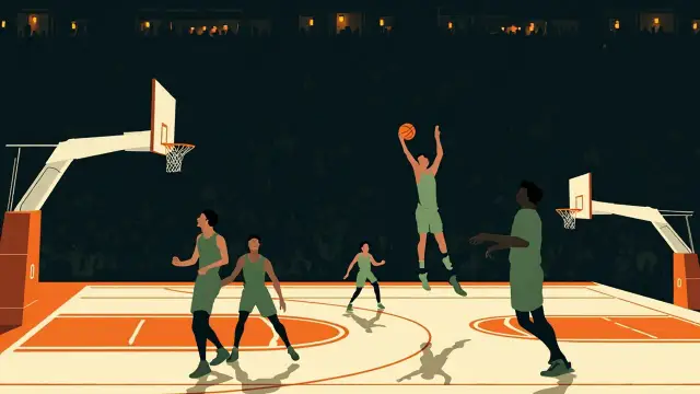 Quatre joueurs de basket sans visage se disputent un tir décisif près du panier sur un terrain intérieur brightly éclairé.