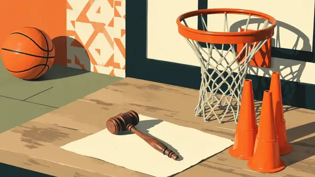 A wooden gavel rests on papers beside a basketball on a scorer's table, with a hoop and net behind against a geometric patterned backdrop.