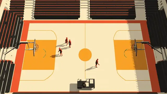 A wooden gavel on a towel over a basketball tactics clipboard beside a basketball and blank papers on a scorer's table, symbolising a federation election.
