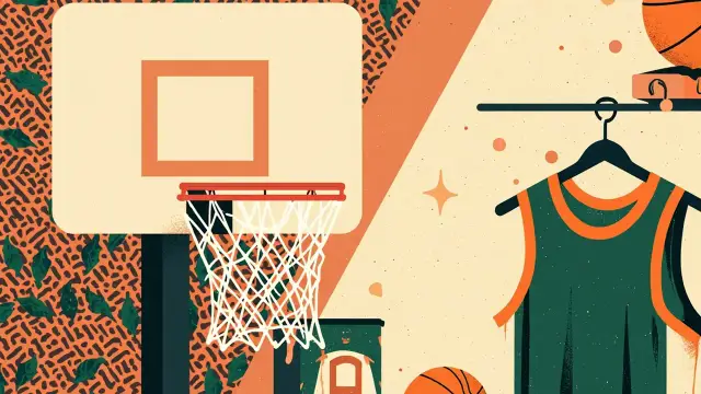 Un grand panier de basketball avec un cercle orange et un filet blanc se trouve à côté d'un maillot de jeunesse vert et blanc sur un cintre, avec une boîte de couleur cacao au premier plan, le tout posé sur un fond géométrique brun et vert.