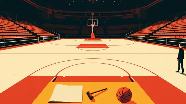 An empty indoor arena seen from the stands: an abandoned basketball sits on a deserted court and a wooden gavel rests on the scorer's table beside a closed folder.