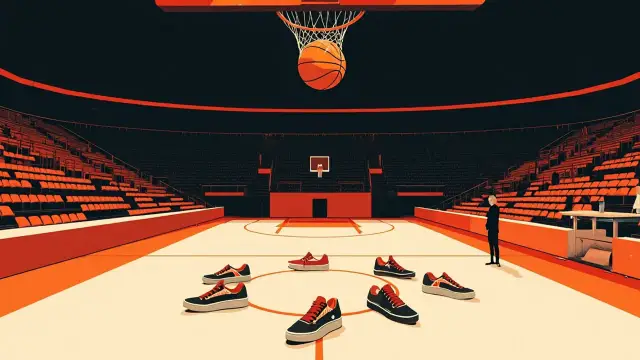 Un court de salle vide sous un panier, avec des chaussures dispersées et un seul ballon, évoque l'absence d'un meneur titulaire.