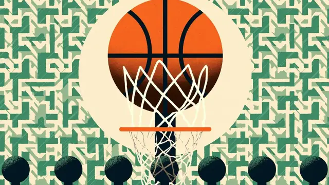 Un ballon de basket tombe à travers un panier muni d'un filet, entouré d'un motif géométrique vert et blanc et d'une rangée de cinq médailles en silhouette en dessous.