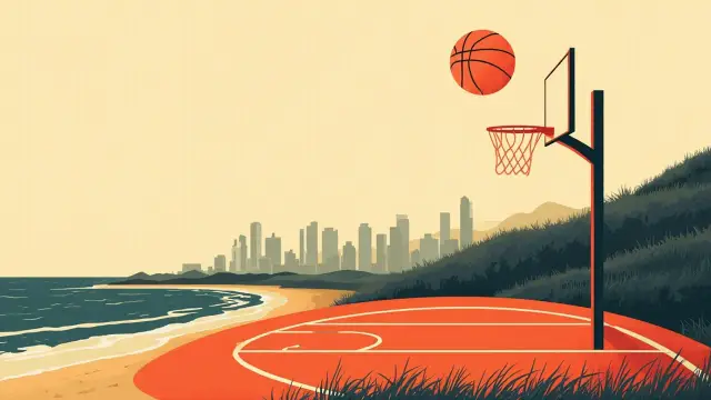 A coastal city skyline at sunset with a half basketball court in the foreground and a single basketball rising in the sky above a hoop.