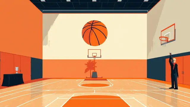 Un centre d'entraînement de basket en salle avec des lignes de terrain, une fresque de basketball et une silhouette sans visage à côté d'une table de marque tenant un trophée argenté.