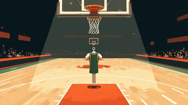 Vue en contre-plongée depuis dessous un panier de basketball sur le terrain d'une salle, avec la silhouette d'un jeune joueur à côté d'un maillot neuf suspendu aux couleurs vert et blanc.