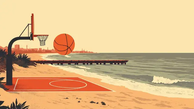 Un port côtier d'Afrique de l'Ouest au lever du soleil avec un ballon de basket s'élevant comme le soleil au-dessus de l'eau, et un demi-terrain avec un panier installé sur le rivage sablonneux.