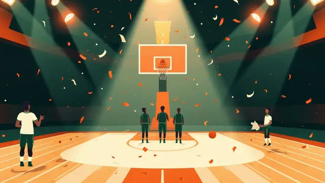 Une salle de basketball intérieure éclairée par des projecteurs, des confettis tombant sur un trophée doré posé sur un podium, et trois personnes sans visage en vert et blanc célébrant.