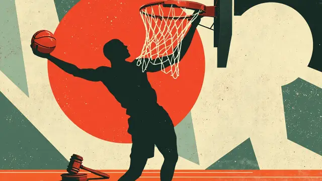 A flat faceless silhouette dunks a single basketball through a hoop with a hanging net, with a wooden gavel placed on the court below, all set against a green, white and black geometric pattern.