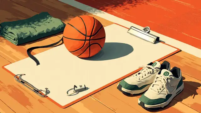 Une nature morte sur un terrain de basket : un ballon orange repose sur le parquet à côté d'un tableau blanc couvert de schémas tactiques, d'un sifflet, d'une serviette et d'une paire de baskets blanches.