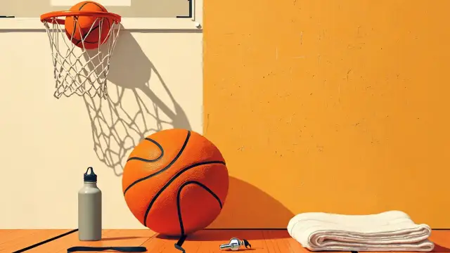 Still life on a hardwood floor: one basketball centre, with a towel, water bottle, whistle and a wall hoop suggesting a bench player's brief appearance in a big win.